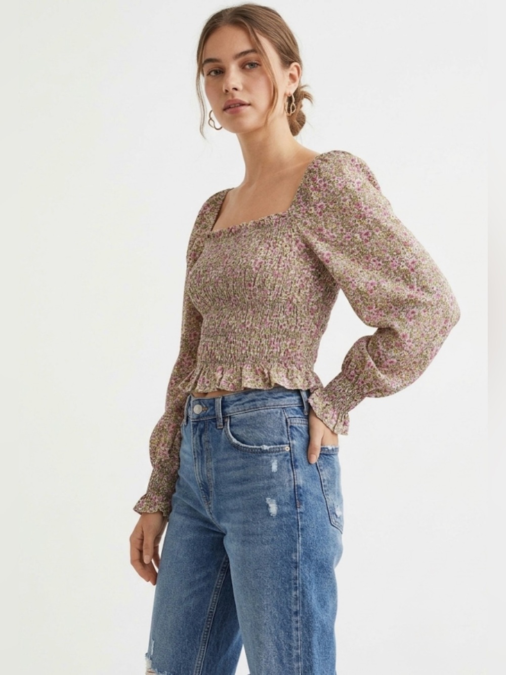 H&M DITZY FLORAL PRAIRIE BLOUSE Smocked Crop Top Square Neck Long Sleeve S